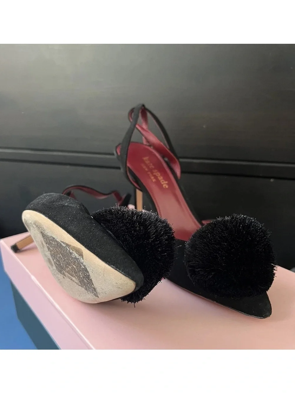 Kate Spade Womens 7B Leather Amour Pom Black High Heels w Box